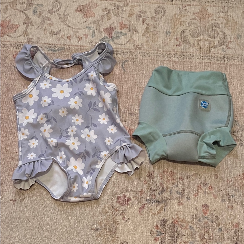 Gray Floral Ruffle Swimsuit with Green Diaper Cover